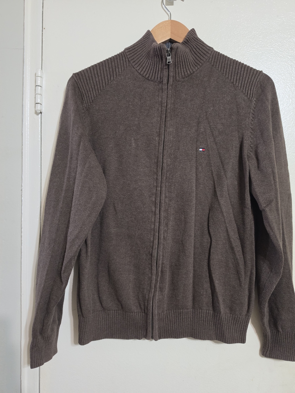 Tommy Hilfiger Men's Dark Brown Full-Zip Ribbed Knit Sweater